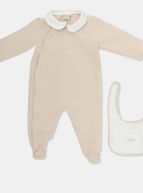 Fendi Beige/White Stretch Cotton Baby Romper 6M