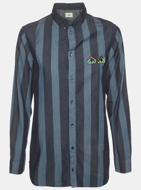 Fendi Navy Blue Stripe Chambray Long Sleeve Shirt 12+Yrs