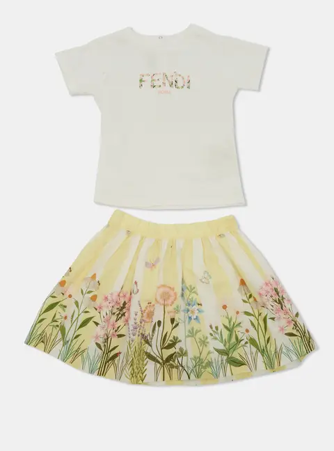 Fendi Kids White/Yellow Floral Print Jersey and Poplin T-Shirt and Skirt Set 18 M