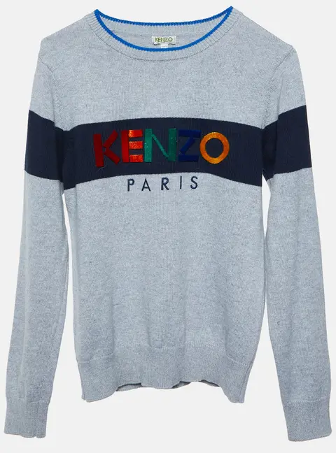 Kenzo Grey Logo Embroidered Cotton Full Sleeve Sweater 12 Yrs