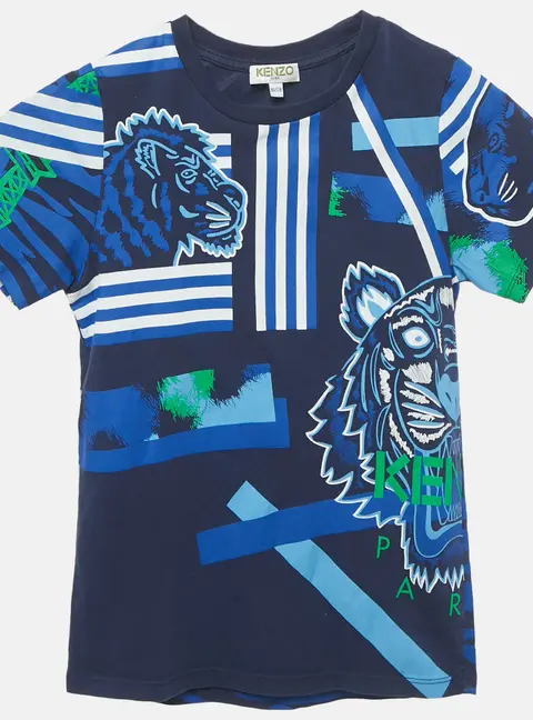 Kenzo Kids Navy Blue Printed Short Sleeve Cotton T-Shirt 8Yrs