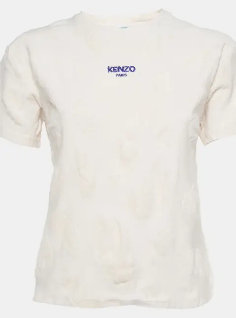 Kenzo Kids Cream Logo Embroidered Jersey and Terry Trim T-Shirt 12 Yrs