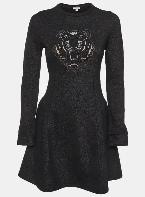 Kenzo Kids Metallic Black Tiger Embroidered Jersey Knit Dress 14 Yrs