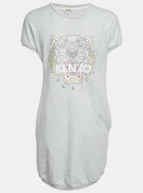 Kenzo Grey Tiger Embroidered Cotton Knit Dress 16 Years