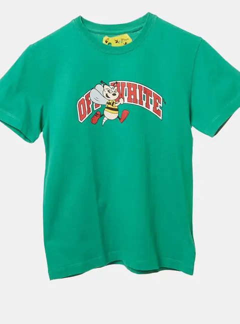 Off-White Kids Green Printed Cotton Crew Neck T-Shirt 10 Yrs