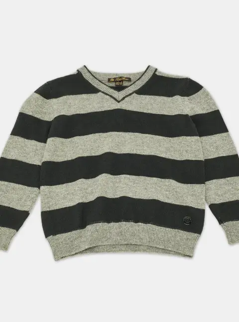 Loro Piana Green/Grey Striped Cashmere Elbow Patch Sweater 4 Yrs