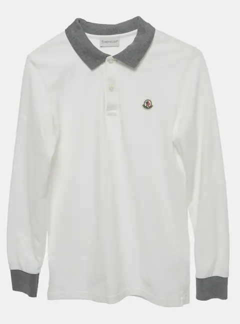 Moncler Kids White Log Applique Cotton Pique Full Sleeve Polo T-Shirt 12 Yrs