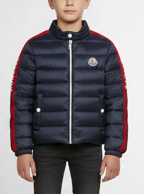 Moncler Kids Navy Blue Logo Stripe Detail Nylon Puffer Jacket 3Yrs