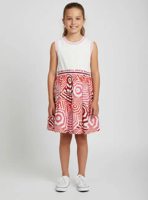Moncler Kids Off White/Pink Umbrella Print Cotton and Jersey Sleeveless Dress 4Yrs