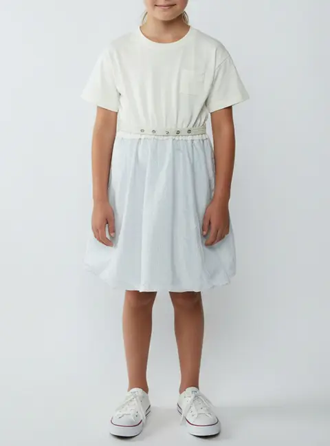 Moncler Kids Cream/Blue Nylon & Cotton Belted Dress Size 6 Yrs