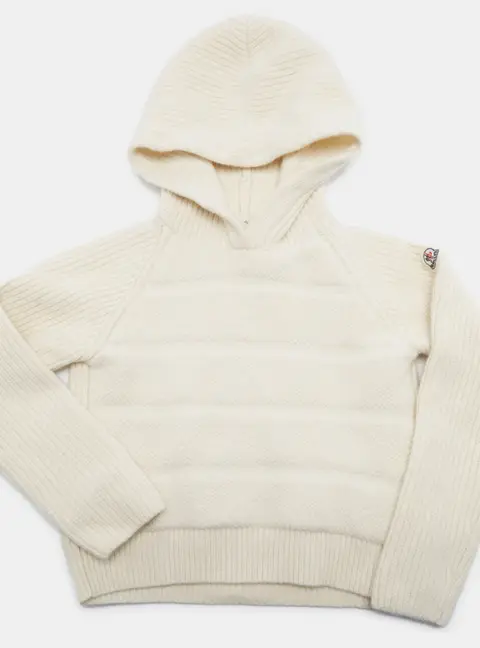 Moncler Kids Cream Wool Rib Knit Hooded Sweater 6Yrs