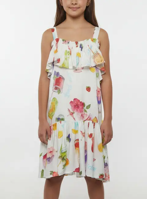 Monnalisa White Fruit Print Satin Ruffled Dress 8 Yrs