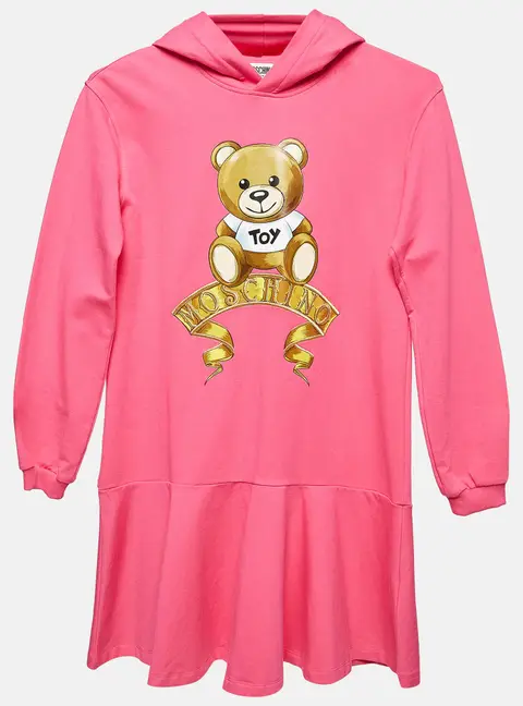 Moschino Teen Pink Teddy Print Cotton Hooded Dress 12 Y
