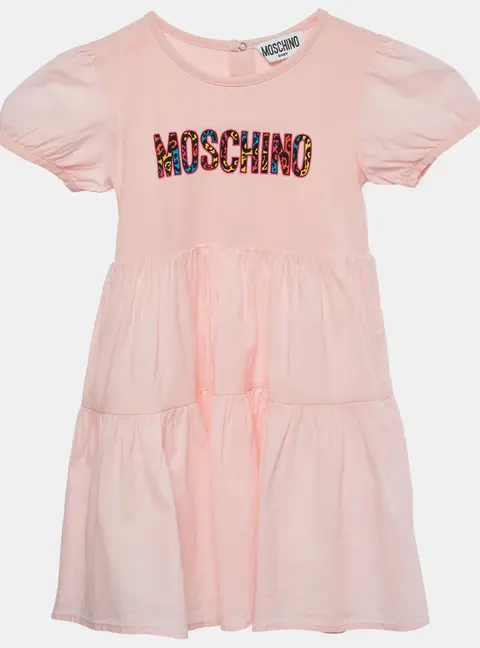 Moschino Kids Pink Logo Graphic Cotton and Jersey Tiered Dress 18-24 M
