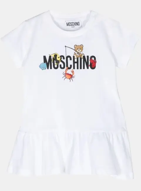 Moschino Kids White Logo Graphic Jersey Ruffled Hem Dress 2 Yrs