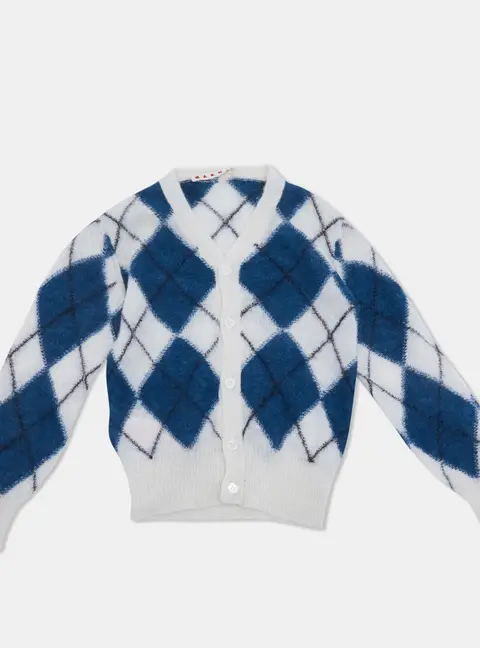 Marni Kids Blue/White Argyle Wool Cardigan 6Yrs