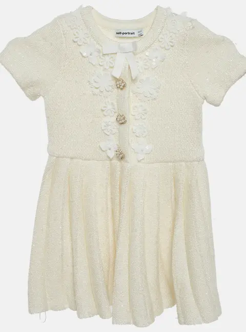 Self-Portrait Kids Cream Button Embellished Knit Pleated Dress 3-4 Yrs