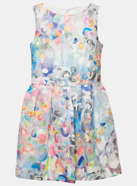Simonetta Multicolor Abstract Print Crepe Pleated Sleeveless Dress 12 Yrs