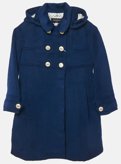 Simonetta Kids Navy Blue Wool Detachable Hood Double Breasted Coat 4 Yrs