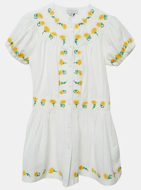 Stella McCartney Kids White Sunflower Embroidered Linen Blend Dress 12 Yrs