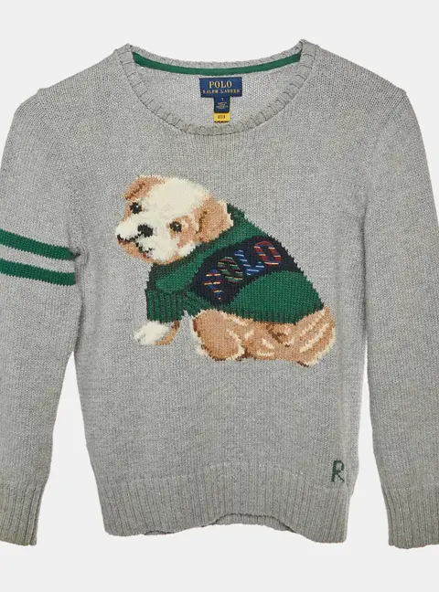 Polo Ralph Lauren Kids Grey Dog Intarsia Cotton Knit Jumper 7 Yrs