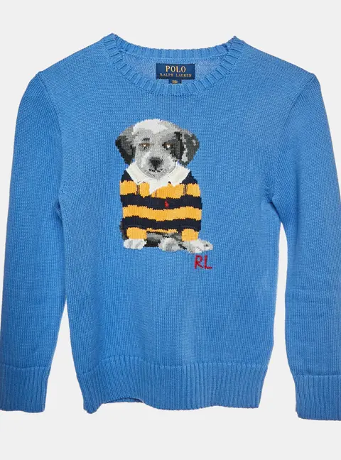Polo Ralph Lauren Kids Blue Dog Intarsia Cotton Knit Jumper 8 Yrs