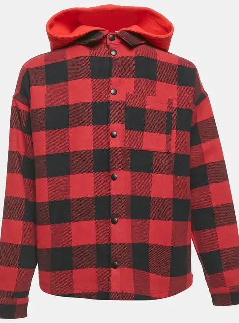 Palm Angels Kids Red/Black Checks Cotton Hooded Shirt 12Yrs