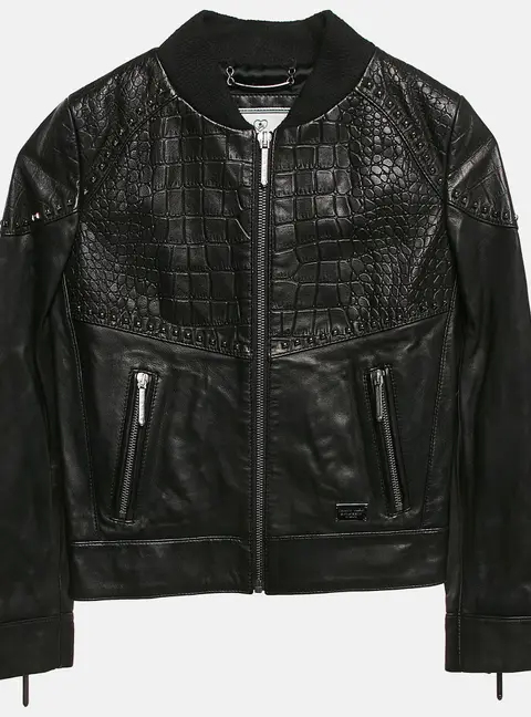 Philipp Plein Junior Black Crocodile Textured Leather Stud Detail Biker Jacket 8 Yrs