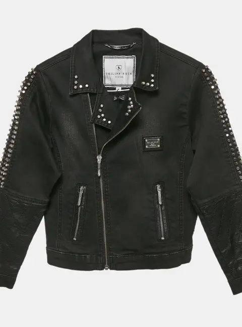 Philipp Plein Junior Black Studded Faux Leather Denim Jacket 8 Yrs