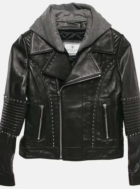 : Philipp Plein Junior Black Studded Leather Detachable Hood Biker Jacket 8 Yrs
