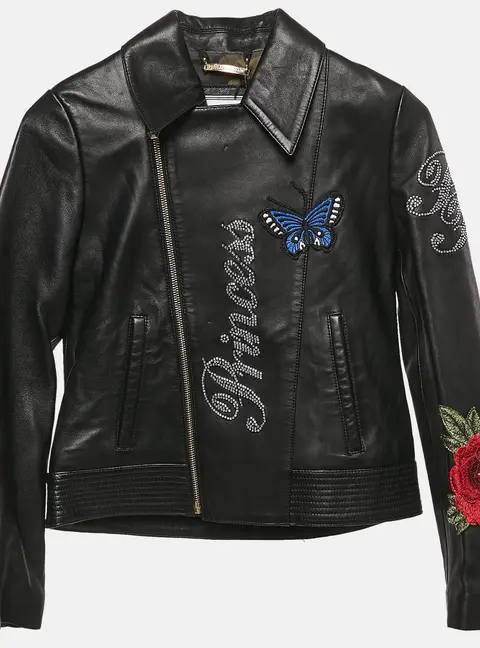 Philipp Plein Junior Black Applique Leather Detail Zip-Up Jacket 8 Yrs