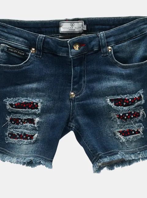 Philipp Plein Kids Middle Blue Studded Denim Distressed Shorts 10 Yrs