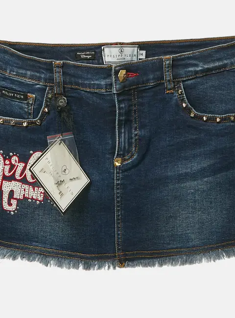 Philipp Plein Blue Studded Denim Raw Edge Skirt 14 Yrs