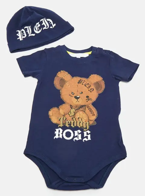 Philipp Plein Baby Blue Teddy Boss Print Cotton Sam D Romper Set 6-9M