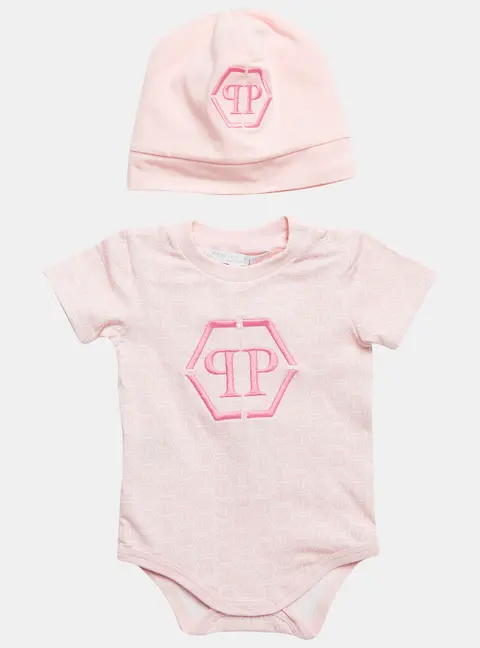 Philipp Plein Pink Printed Jersey Romper and Cap Set 6-9M