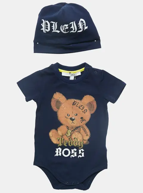 Philipp Plein Junior Navy Blue Teddy Print Cotton Romper Set 3-6M