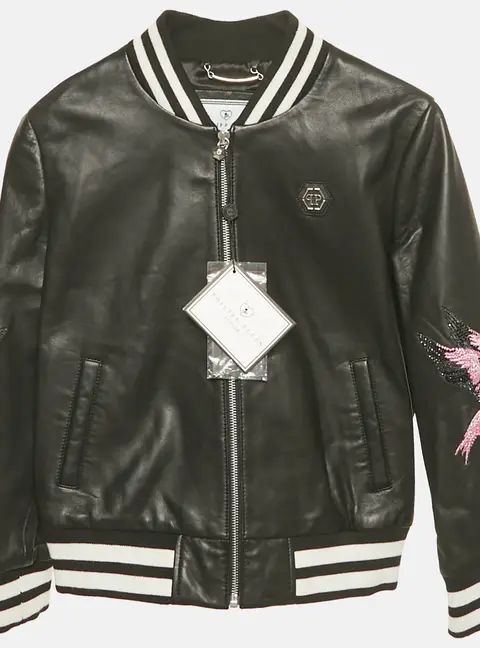Philipp Plein Kids Black Flamingo Rhinestone Leather Jacket 8 Yrs