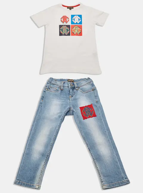 Roberto Cavalli Kids White /Blue Cotton Top & Denim Pants Set 4 Years