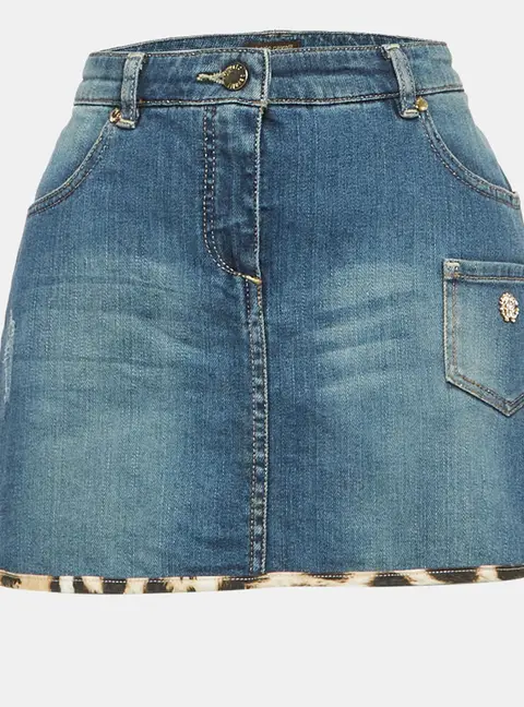 Roberto Cavalli Blue Denim Leopard Trim Mini Skirt 14-16 Yrs