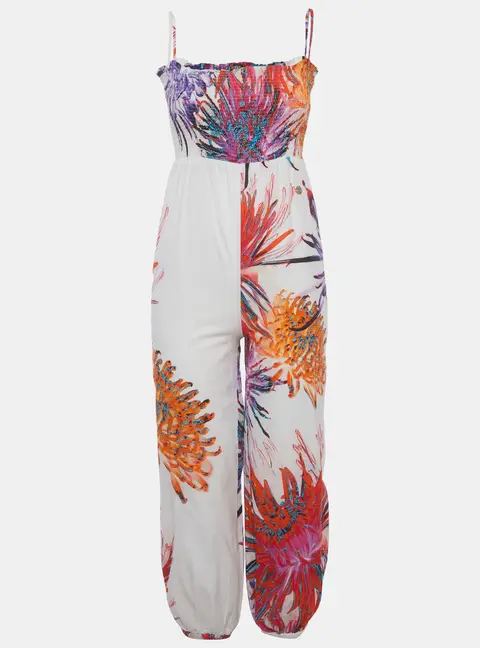 Roberto Cavalli Kids White Floral Print Cotton Smocked Jumpsuit 10 Yrs