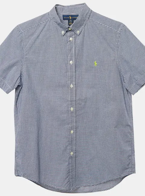 Ralph Lauren Navy Blue Gingham Cotton Short Sleeve Shirt XL 18-20 Yrs