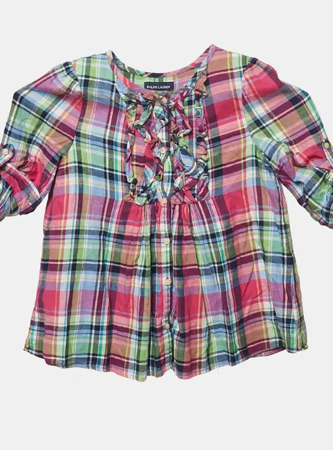 Ralph Lauren Pink/Blue Checks Cotton Ruffled Tunic Top 6 Yrs