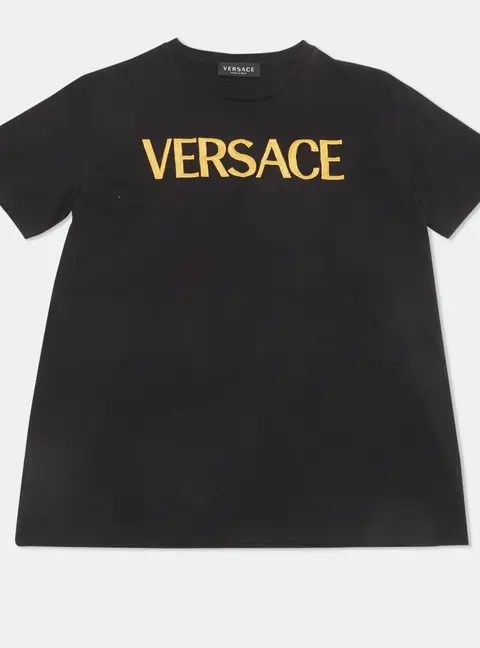 Versace Kids Black Logo Embroidered Cotton T-Shirt 12 Yrs