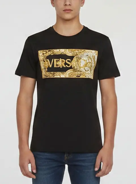 Versace Black Logo Embroidered Barocco Frame Patch T-Shirt 14Yrs