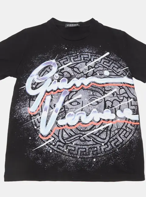 Versace Kids Black Signature Print Cotton T-Shirt 10Yrs
