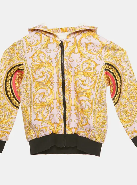Versace Pink Baroque Print Jersey Zip Hooded Jacket 3M