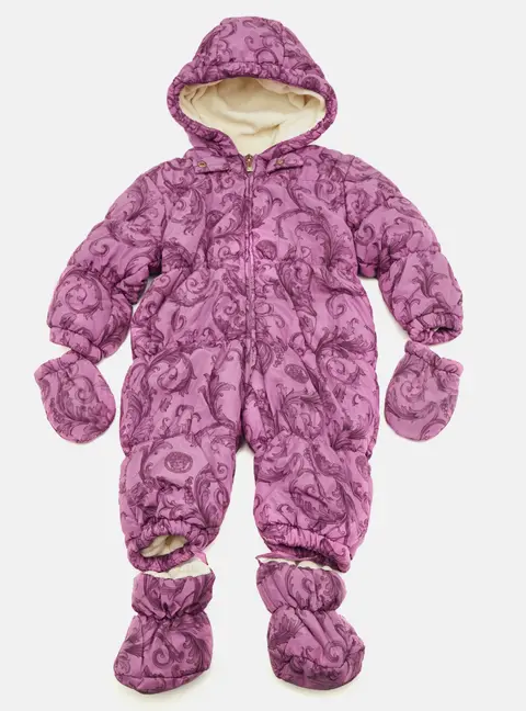 Young Versace Purple Borocco Print Puffer Jumpsuit Set 12M