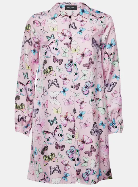 Versace Kids Pink Butterfly Print Silk Shirt Dress Size 14 Yrs