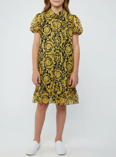 Versace Kids Yellow/Black Baroque Print Silk Shirt Dress Size 10 Yrs