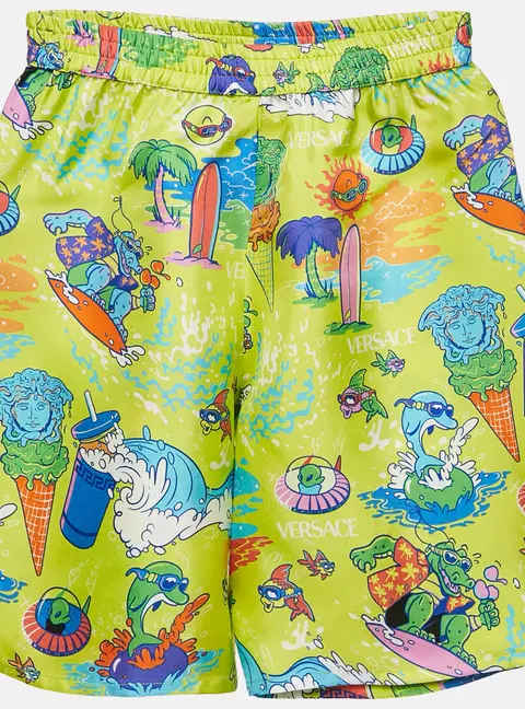 Versace Kids Green Medusa Sunnies Print Silk Shorts 10 Yrs